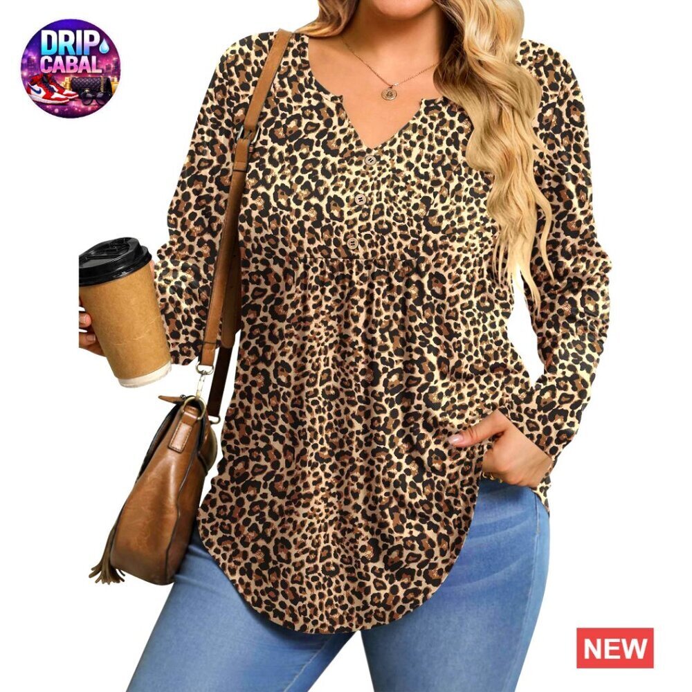 Plus Size Long Sleeve Tunic Top V-Neck Button Blouse Loose Fit Elegant